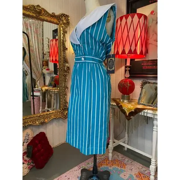 Vintage 1980s teal striped dress sailor collar cotton 80s style large retro 38 - Picture 8 of 9